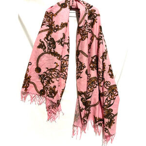 Pink & Gold Printed Pashmina shawl scarf wrap paisley chains scrolls Italy love